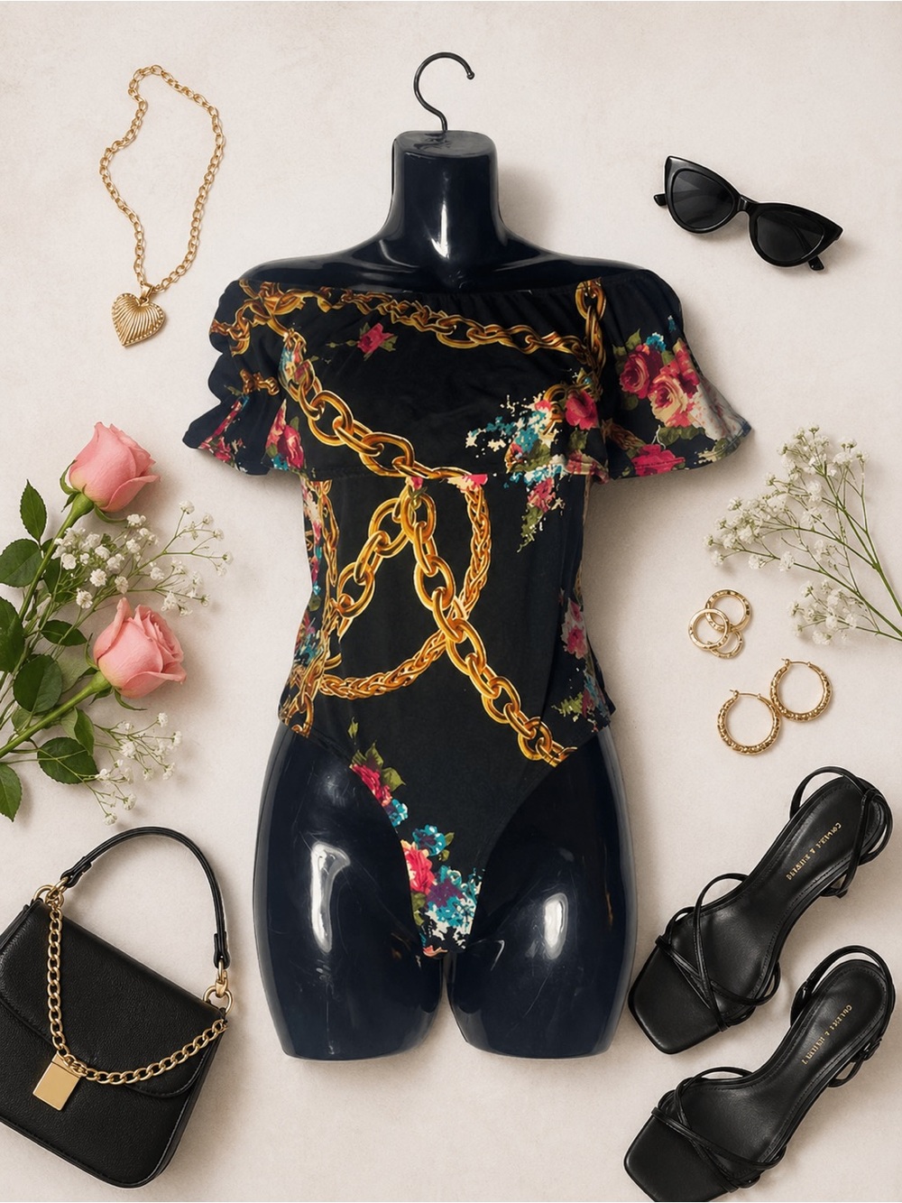 Black Floral & Chain Print Off-Shoulder Bodysuit